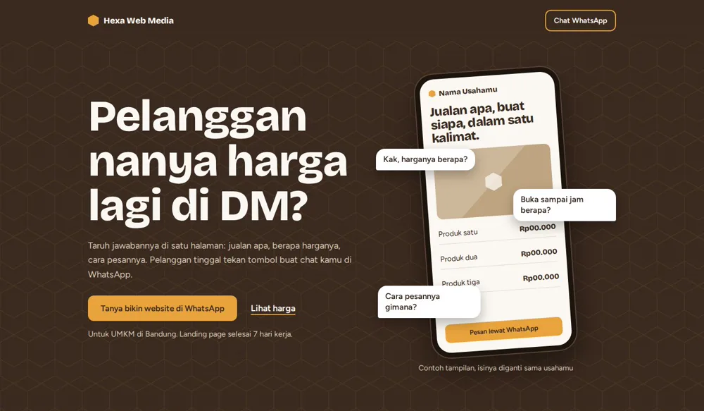 Landing page Hexa Web Media buatan Dimas dengan judul besar Pelanggan nanya harga lagi di DM? dan mockup HP berisi gelembung chat pelanggan.